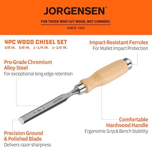 jorgensen 4-piece expansion wood chisel set, 3/8", 5/8" shown in use