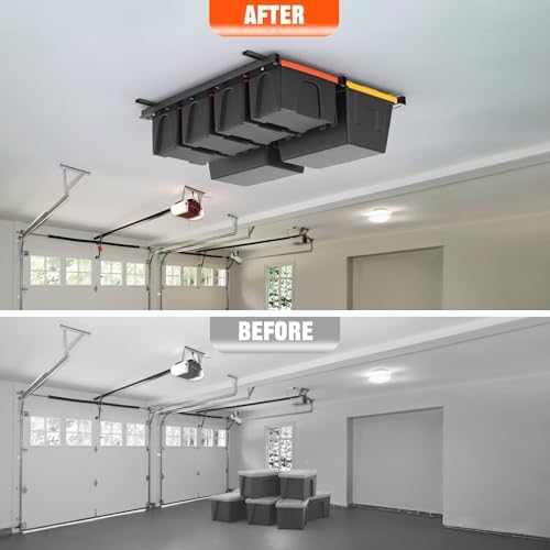 torack garage ceiling bin storage rack, overhead tote, front angle view