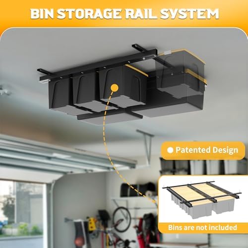 walmann overhead tote storage rails system, garage ceiling shown in use