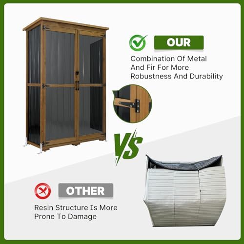 outdoor storage cabinet wood & metal with waterproof shown in use