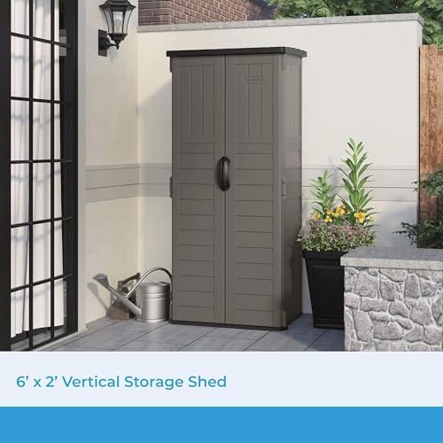 suncast 22 cu ft, vertical storage shed, pad-lockable showing dimensions