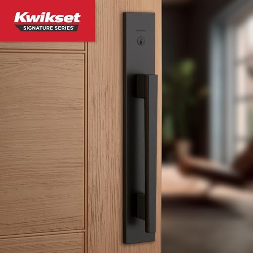 kwikset careus front door lock handle and deadbolt shown in use