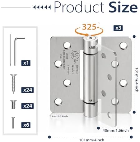 4 inch self closing door hinges,3-pack spring hinges,1/4" shown in use