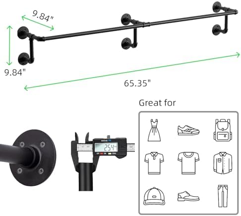 wall clothes rack, industrial pipe clothing rack, hanging showing dimensions