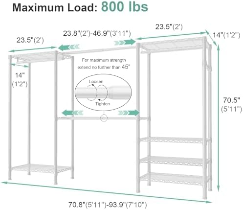 semhor e06 expandable heavy duty clothes rack for showing dimensions