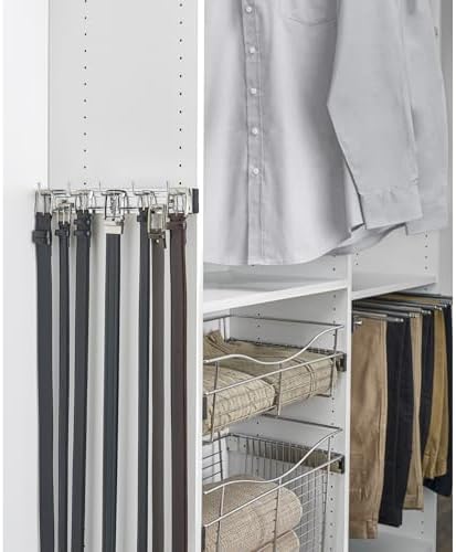 rev-a-shelf sliding belt rack for closets, min opening, front angle view