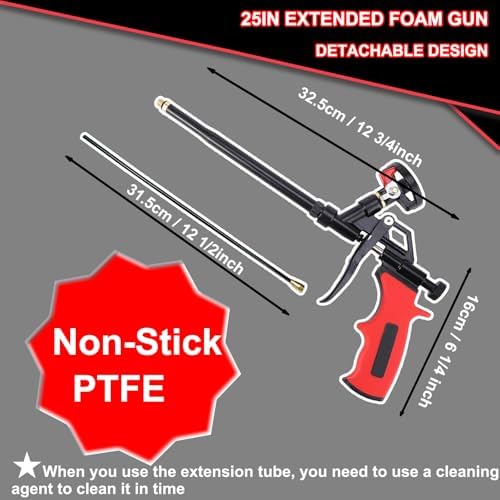 25in extended spray foam insulation gun-ptfe coated professional showing dimensions