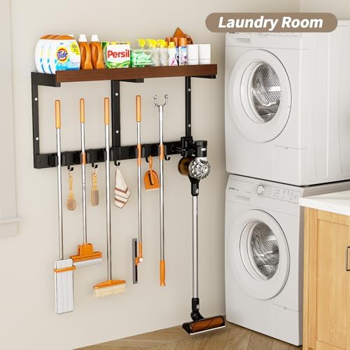broom and mop organizer wall hanging, broom hanger, front angle view