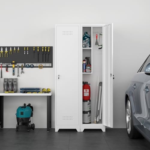 slim broom closet storage cabinet, 65" h metal, front angle view