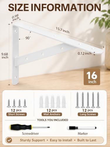 shelf brackets heavy duty, 4 pack white 16inch, side view