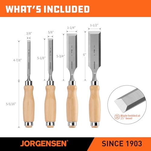 jorgensen 4-piece expansion wood chisel set, 3/8", 5/8", front angle view