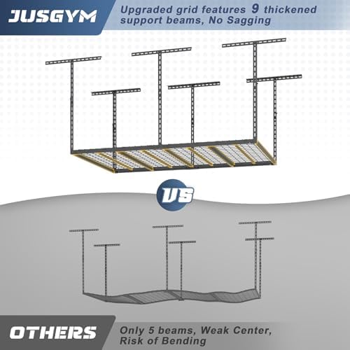jusgym 4x6ft overhead garage storage rack, 26"-40" height, close-up detail