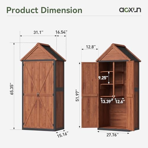 aoxun wood outdoor storage cabinet with floor 2.5'x1.4' shown in use