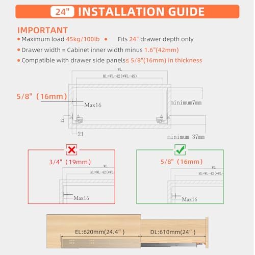 24” undermount drawer slides soft close 100 lbs shown in use