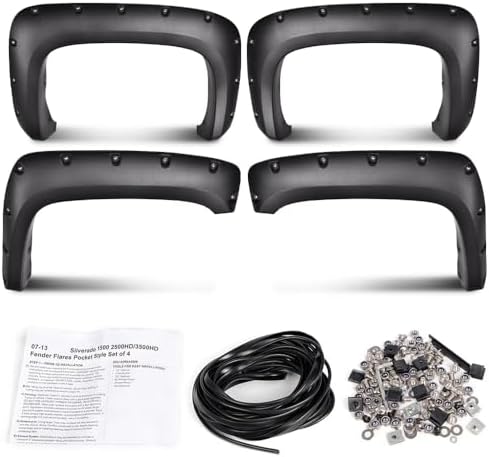 ANDPLAY Pocket Rivet Fender Flares Compatible with Chevy Silverado 1500 2007-2013 Fit Silverado 2500HD 3500HD 2007-2014 Not Fit Gmc Sierra (for Regular Cab/Extended Cab) Textured 78.0"/97.6" Long Bed