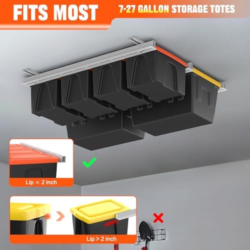 torack garage ceiling bin storage rack, overhead tote, close-up detail