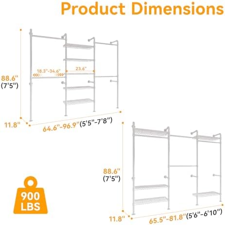 higeego w3 wall mounted clothes rack, industrial pipe showing dimensions