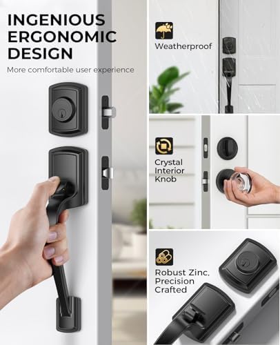 black front door handle and deadbolt set with shown in use