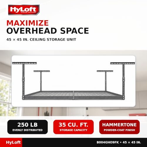 hyloft overhead steel garage storage system, ceiling rack showing dimensions