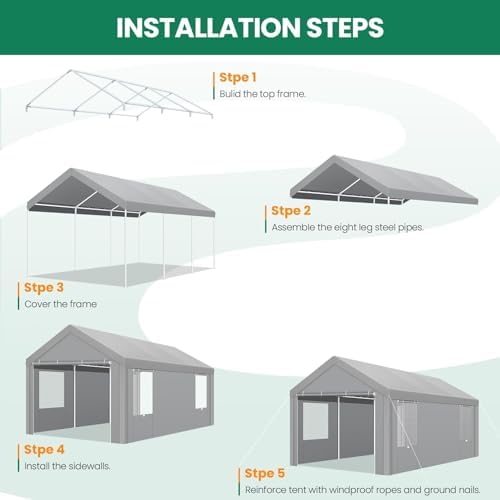 tooluck 10x20 ft heavy duty carport with galvanized showing dimensions