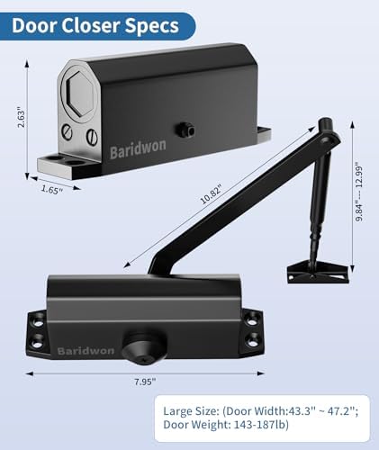door closer, adjustable hydraulic speed, soft close, black showing dimensions