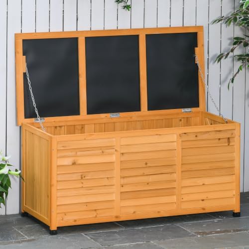 outsunny 75 gallon wooden deck box outdoor storage shown in use