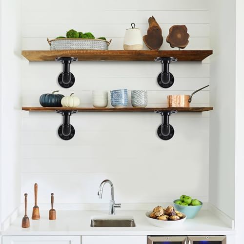 l-shaped industrial pipe shelf brackets, black metal wall-mounted, side view