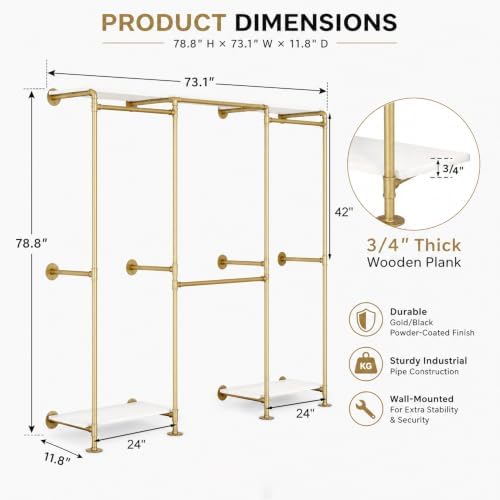 kakabb industrial pipe clothing rack with shelves, wall, close-up detail