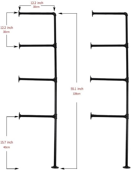 industrial pipe shelving system with 4 tiers, black, close-up detail