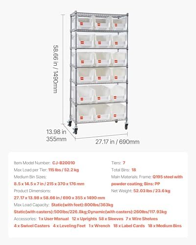 vevor 7-tier rolling bin storage rack, 18 organizer, close-up detail