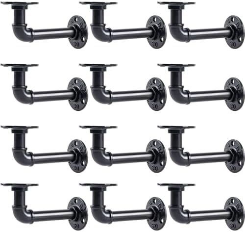 l-shaped industrial pipe shelf brackets, black metal wall-mounted, main product view