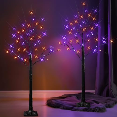 Dazzle Bright 2 Pack Halloween Lighted Up Birch Tree, Total 96 LED Purple and...