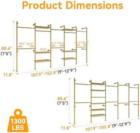 higeego w5 industrial pipe clothes rack, heavy duty showing dimensions