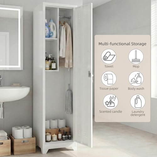 slim broom closet storage cabinet, 65" h metal, side view