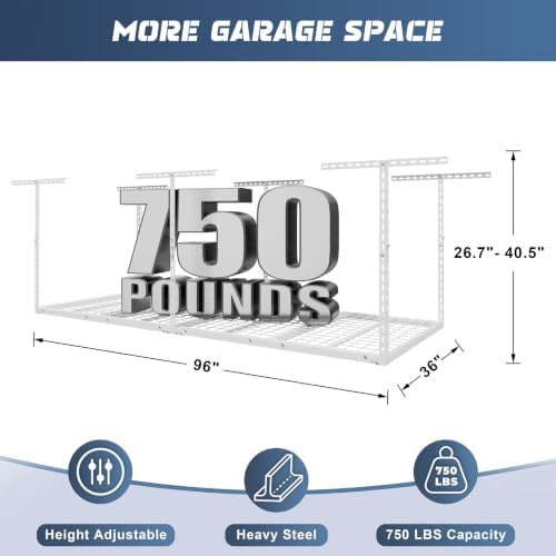 jusgym 3x8ft overhead garage storage rack, 26"-40" height shown in use