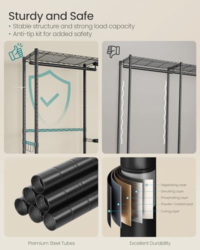 songmics clothes rack, adjustable mesh shelves and hanging on a desk or shelf