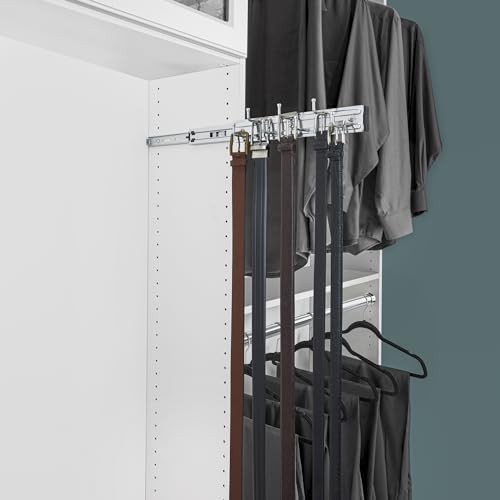rev-a-shelf sliding belt rack for closets, min opening shown in use