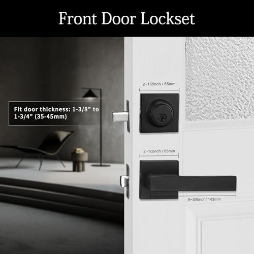 matt black front door lockset, exterior door lock, close-up detail