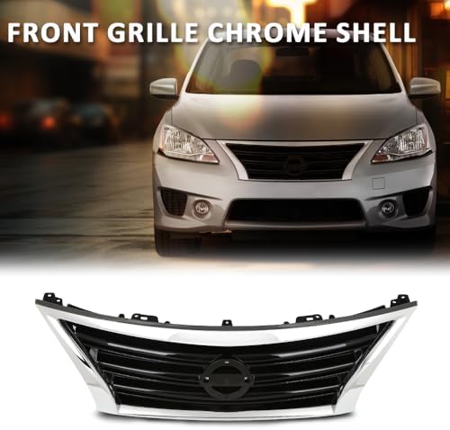 G-PLUS Front Bumper Upper Grille w/Insert | Compatible with Nissan Sentra SR 2013-2015 Chrome Shell Grill Inserts 623103RM0A NI1200253