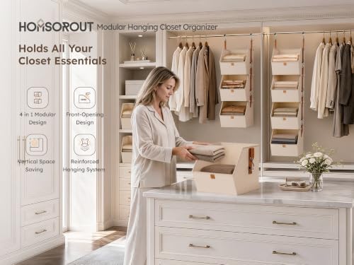 homsorout hanging closet organizer, modular 4-in-1 hanging shelves shown in use