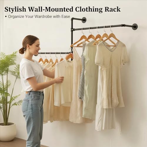 industrial pipe clothing rack, wall clothes rack, hanging shown in use