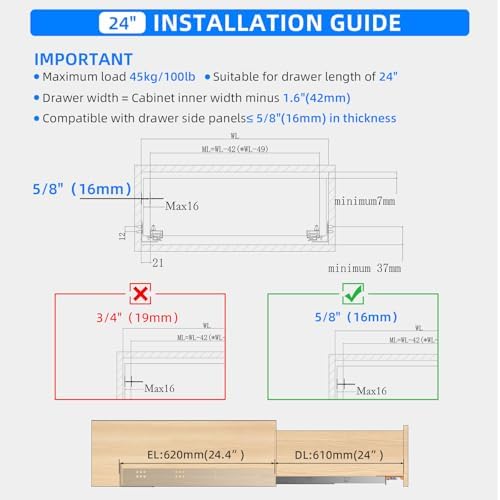 24 inch soft close undermount drawer slides,full extension,100, close-up detail
