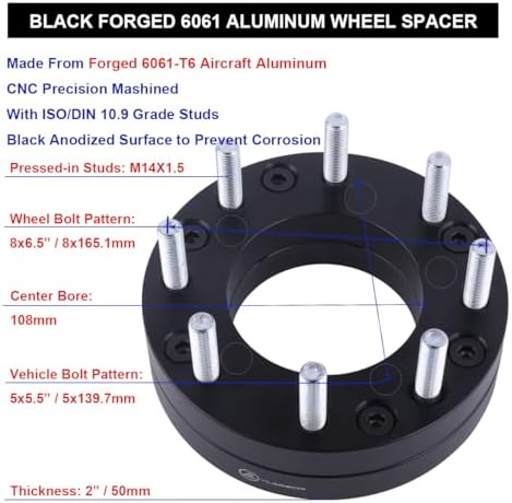 Black Forged 5x5.5 to 8x6.5 Wheel Adapters 2 Inch 14x1.5 Studs Compatible with Dodge-Ford-Ram 5 Lug 5x139.7 Truck Converted to 8 Lug 8x165.1 Rims - Pack of 4