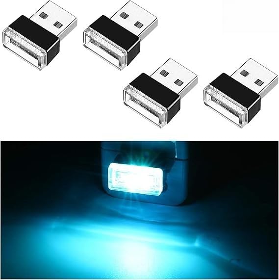 USB LED Car Interior Atmosphere Lamp, Portable Mini LED Night Light, Plug-in USB Interface Trunk Ambient Lighting Kit, Universal Interior Accessories for Most Vehicles (4PCS,Ice Blue)
