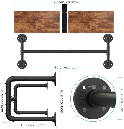 yawinhe industrial pipe clothing rack with shelves,closet rod,rustic showing dimensions