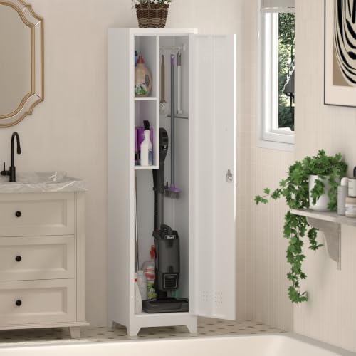 slim broom storage cabinets, metal cabinet with shelves shown in use