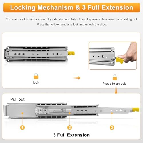 1 pair heavy duty drawer slides with lock showing dimensions