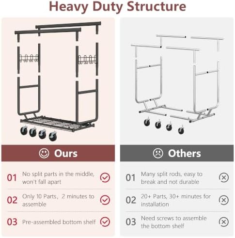hoctieon 2-minute assembly double rod clothes rack, heavy, front angle view