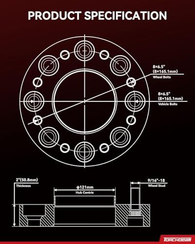 Torchbeam 8x6.5 Hub Centric Wheel Spacer 2 inch for 2500,Ram 2500,F-250,3500,Ram 1500,Ram 3500,F-350,E-350 Super Duty,121mm Center Bore & 9/16" x18 Stud, 4 Pcs Spacers,Silver