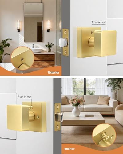 probrico 6 pack gold square door knobs, modern, close-up detail